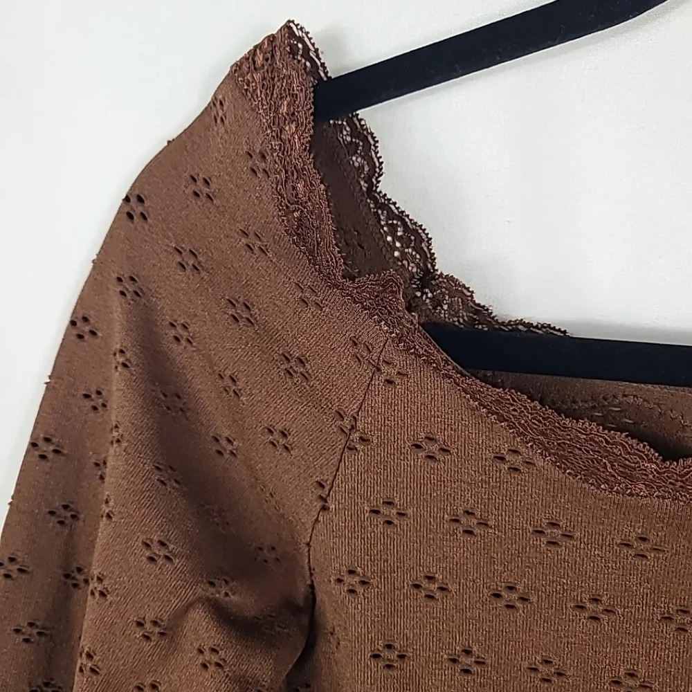 Altar'd State Knit Top Stretchy Long Sleeve Shirt Brown Lace Sz L/XL NWT $44
